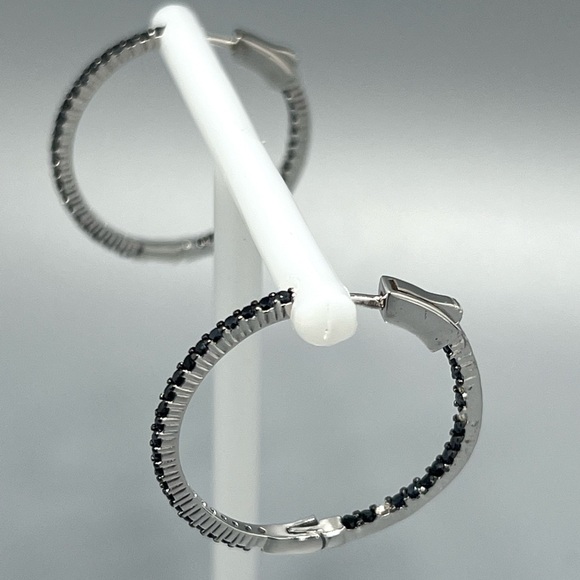 Sterling Silver & Black Spinel Ladies Hoop Earrings - Picture 2 of 6